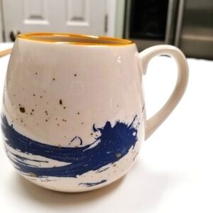 Meritage coffee mug blue gold paint splattered paint brush stroke coffee cup mug